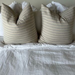 2 Tan and Gray Striped Crate & Barrel Pillows with Inserts